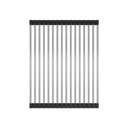 A top-down view of the Artika Newport single bowl 31 in. stainless steel workstation sink, featuring evenly spaced parallel metal rods and black silicone ends, displayed on a white background.