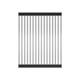 A dish drying rack with parallel stainless steel rods and black silicone ends, viewed from above on a white background.