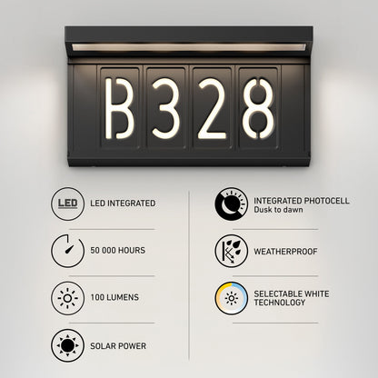 The Artika Bowen solar LED outdoor address wall light 5 CCT, displaying “B328,” is mounted on a wall. It offers maintenance-free, weatherproof, dusk-to-dawn illumination with 100 lumens, selectable white technology, and a 50,000-hour LED life.