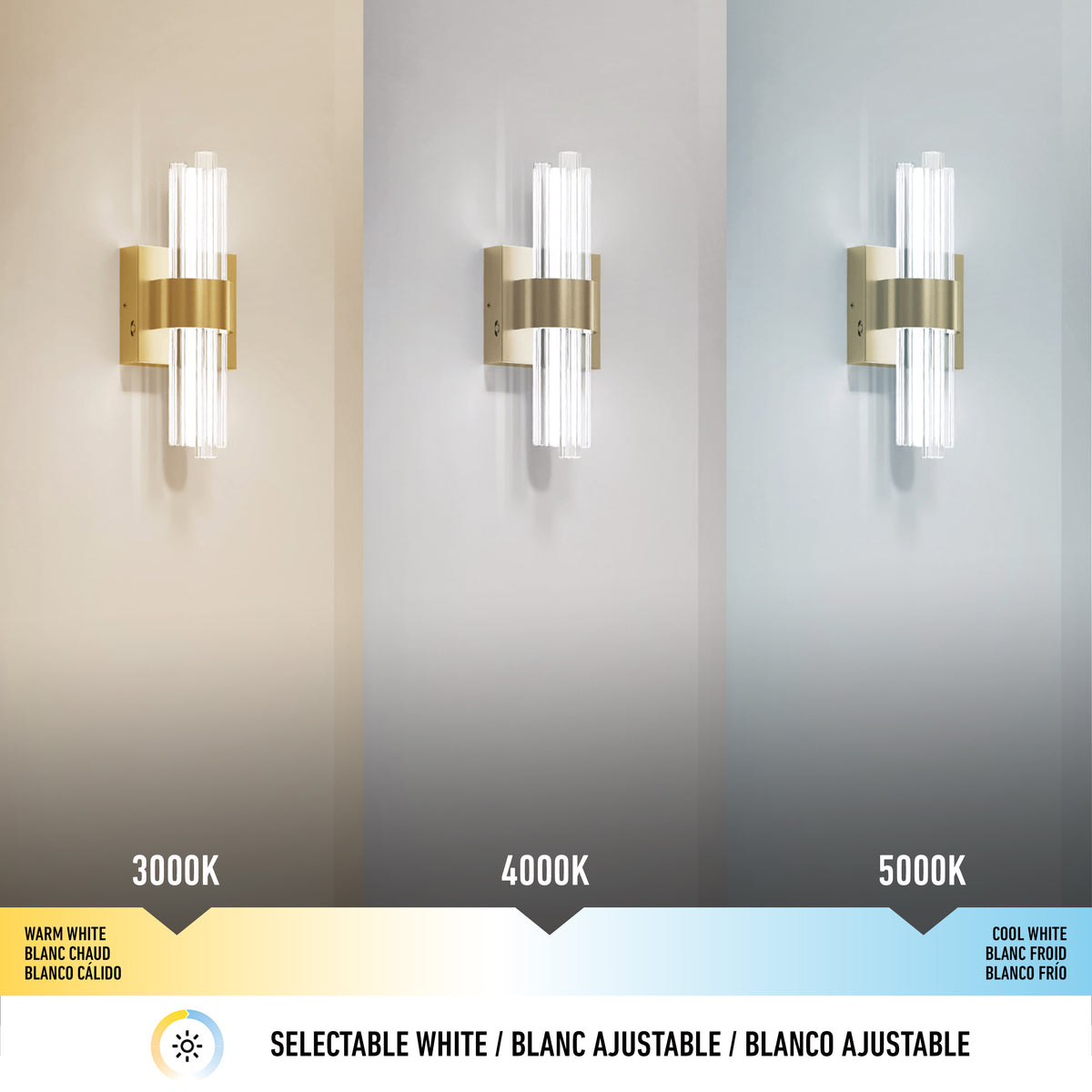 Three wall sconces show different light temperatures: left is warm white at 3000K, center is neutral white at 4000K, and right is cool white at 5000K. A color spectrum bar and text indicate selectable white options.
