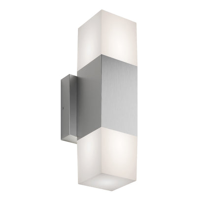 The Artika Lennox indoor-outdoor LED wall light 3 CCT features a brushed metal center, frosted white rectangular top and bottom shades, all mounted on a sleek rectangular backplate.