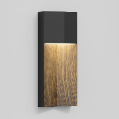 The Howel modern LED indoor-outdoor wall light 5 CCT by Artika features a matte black frame and wooden center panel, casting warm downlight and shown mounted on a light gray wall.