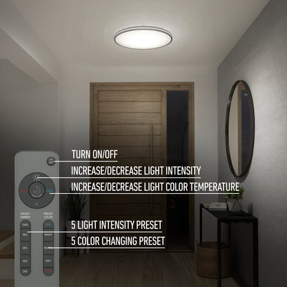 A modern entryway features the Artika Athos 21 in. LED flush mount light with remote. Text highlights its light control features. A remote is shown on the left, and a small table with a plant sits by the door.