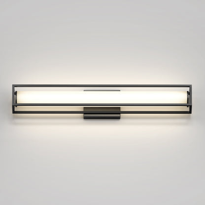 The Venicia LED Wall Sconce by Artika features a modern black metal frame and frosted glass light tube, mounted on a light gray wall and providing a soft, even glow.