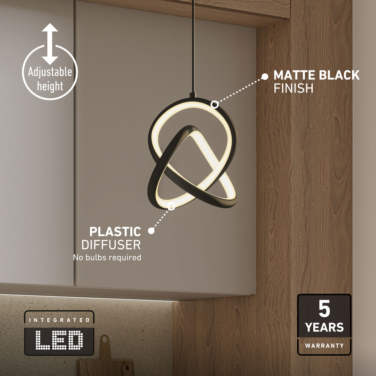 Artika Zephyr LED pendant light: matte black, energy-saving, adjustable height, 5-year warranty—perfect for kitchens.