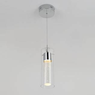 The Essence LED pendant light by Artika features a cylindrical glass shade and chrome fixture, suspended from the ceiling by a slim cable, shown against a plain white background.