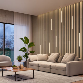 Modern living room with a beige sofa, Lumilok LED Wall Panel Light by Artika, coffee table, plant, and large window with sheer curtains.