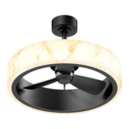 The Artika Selena 23 in. LED modern ceiling fan features three black blades and a cream-colored, marble-patterned circular light fixture, suspended from a short black rod for a sleek look. Includes remote control.