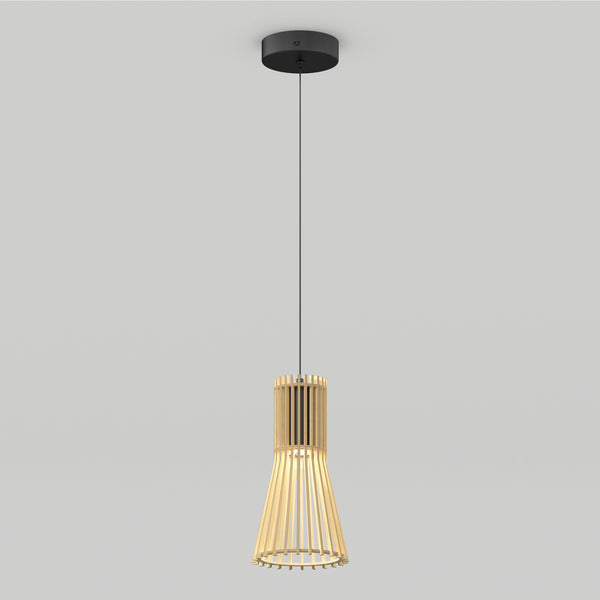 The Artika Kiyo modern LED pendant 3 CCT features a black ceiling mount and a cylindrical wooden slat shade, suspended by a slim black cord against a plain light gray background.