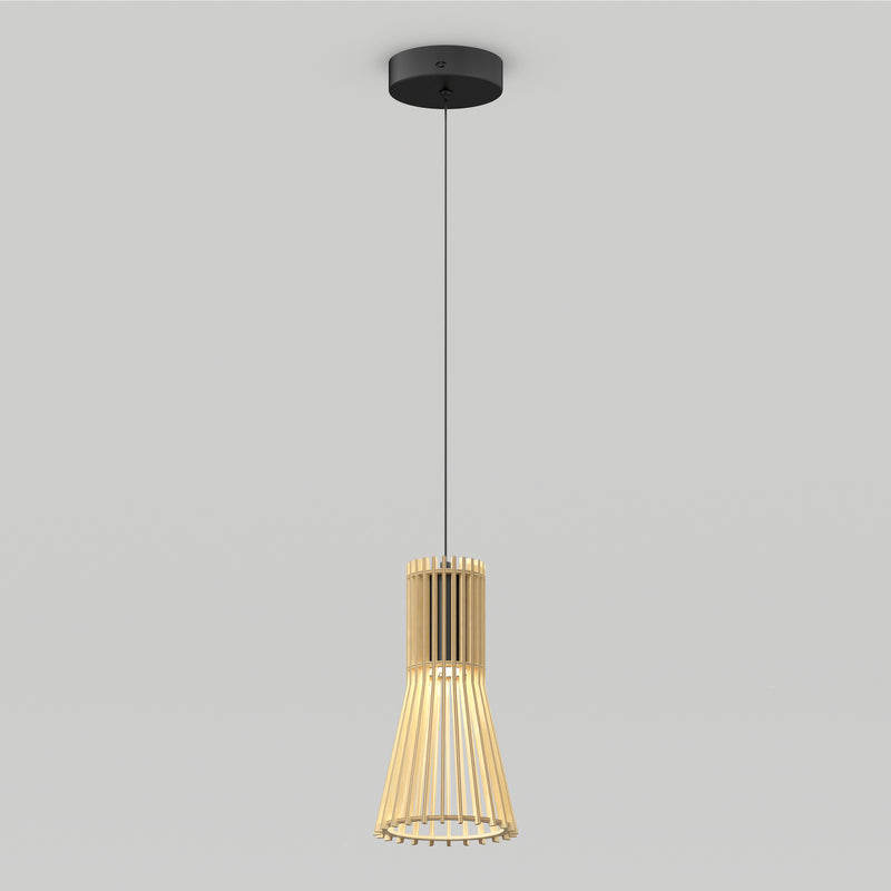 The Artika Kiyo modern LED pendant 3 CCT features a black ceiling mount and a cylindrical wooden slat shade, suspended by a slim black cord against a plain light gray background.