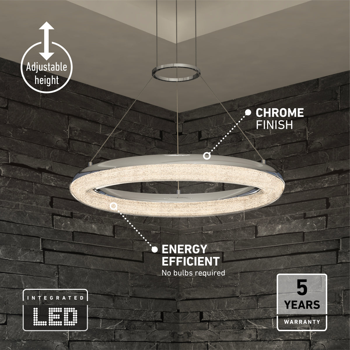 Modern circular LED pendant light with a chrome finish hangs from the ceiling in a room with dark stone walls. Text highlights its adjustable height, energy efficiency, 5-year warranty, and integrated LED.