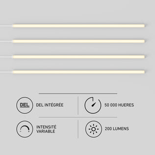 Four slim LED strips above icons and French text: integrated LED, 50,000 hrs, dimmable, 200 lumens—Artika Lumilok for Sonolok.