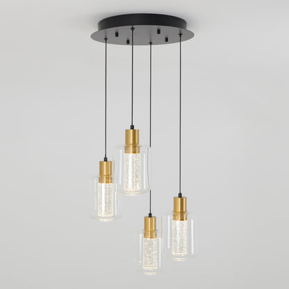 The Artika Champagne Globe 4-light LED pendant features four cylindrical glass shades with gold accents and black cords, all attached to a round black ceiling mount for a modern look.