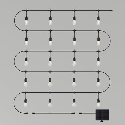 The Artika Blaze 20 LED Outdoor Solar String Lights feature 20 evenly spaced bulbs on a black cord, arranged in a zigzag pattern with a solar panel at the end, displayed against a plain gray background.