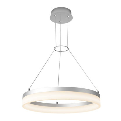 The Artika Optical LED pendant light 3 CCT features a modern white circular frame, suspended by three slim cables from a round ceiling mount, casting a soft glow from the ring.