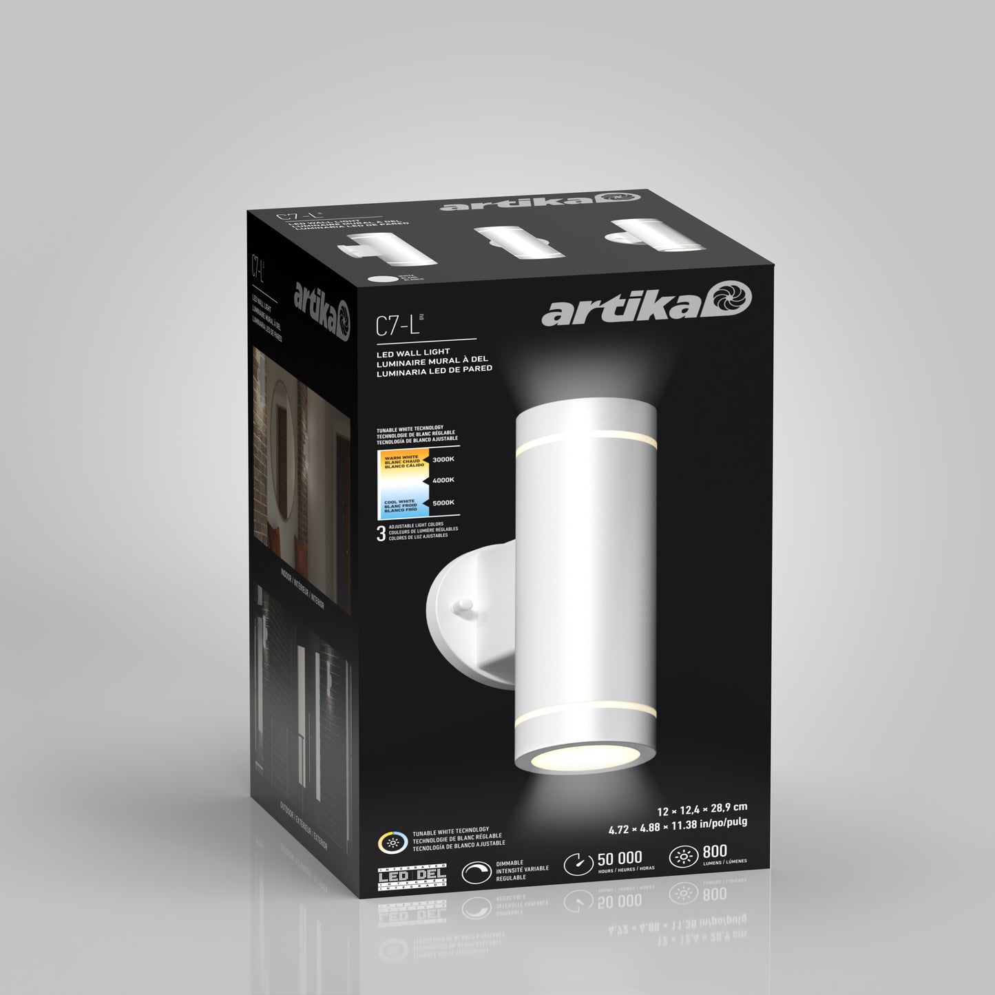 A black box packaging for the Artika C7 indoor-outdoor LED wall light 3 CCT, showing an image of the white cylindrical fixture along with details on brightness, lifespan, and energy efficiency.