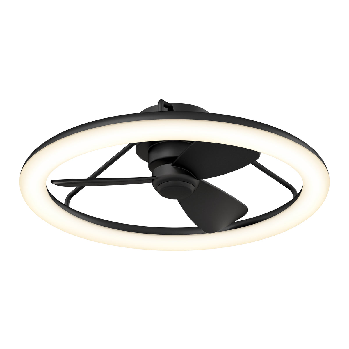 A modern black ceiling fan with two blades, surrounded by a circular LED light ring, viewed from an angle against a white background.