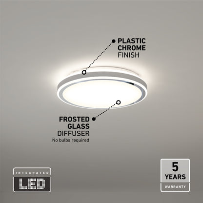 The Artika Altitude 15 in. LED modern flush mount light features a plastic chrome finish, frosted glass diffuser, integrated LED (no bulbs needed), 5 CCT options, and includes a 5-year warranty for soft, even illumination.