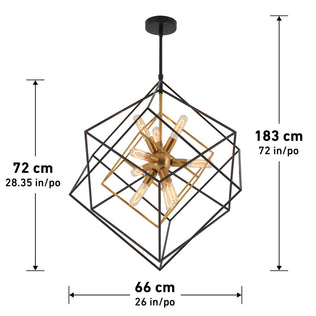 The Artika Imperium 9-light chandelier features a modern geometric design, gold accents, exposed bulbs, and adjustable height.