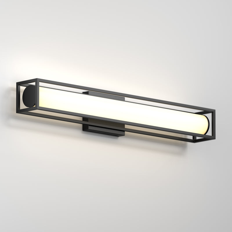 The Artika Venicia LED Bathroom Vanity Light features a modern rectangular black metal frame with a horizontal white light tube, offering stylish dimmable lighting—ideal for mounting on a white wall as bathroom or accent lighting.