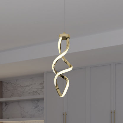 A modern gold spiral pendant light hangs from the ceiling in a minimalist room with light gray cabinets and marble backsplash.