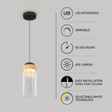 Modern pendant light with a black ceiling mount, wood accent, and clear glass shade. Infographic highlights: LED integrated, dimmable, 50,000 hours lifespan, 600 lumens, easy installation, and selectable white technology.