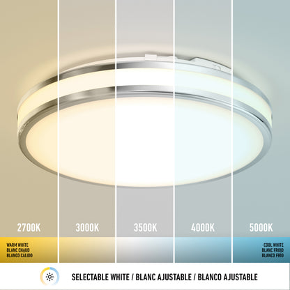 The Artika Hemisphere 15 in. LED flush mount light features adjustable brightness and 5 CCTs from warm yellow (2700K) to cool white (5000K), shown in vertical sections with Kelvin labels and text in English, French, and Spanish.