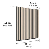 Square wooden panel with vertical black slats, measuring 60 cm x 60 cm (23.62 in x 23.62 in) and 2.1 cm (0.83 in) thick. Dimensions are indicated with arrows on each side of the panel.