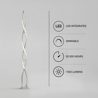 Artika Swirl modern LED floor lamp with a tall, spiral shape, featuring integrated dimmable lighting, 50,000 hours of life, and 1500 lumens.