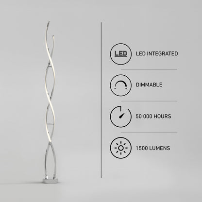 Artika Swirl modern LED floor lamp with a tall, spiral shape, featuring integrated dimmable lighting, 50,000 hours of life, and 1500 lumens.