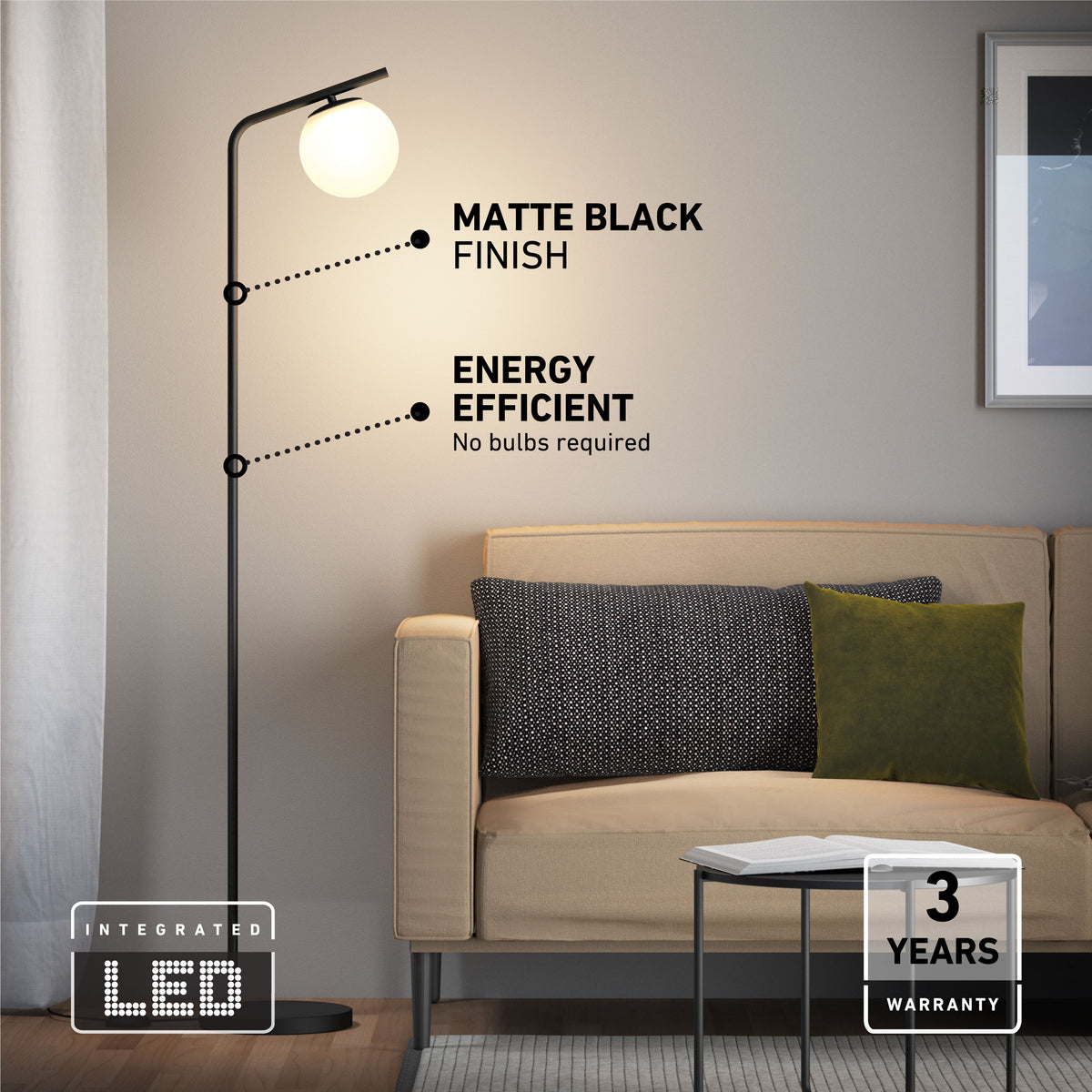 A modern floor lamp with a matte black finish stands next to a beige sofa with cushions. Text highlights its energy efficiency, integrated LED, and 3-year warranty. A small table and wall art are also visible.