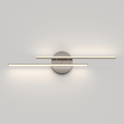 The Artika Cisco modern LED bathroom vanity light 5 CCT features two parallel horizontal bars on a round metallic base, providing soft illumination and a minimalist look for any bathroom wall.