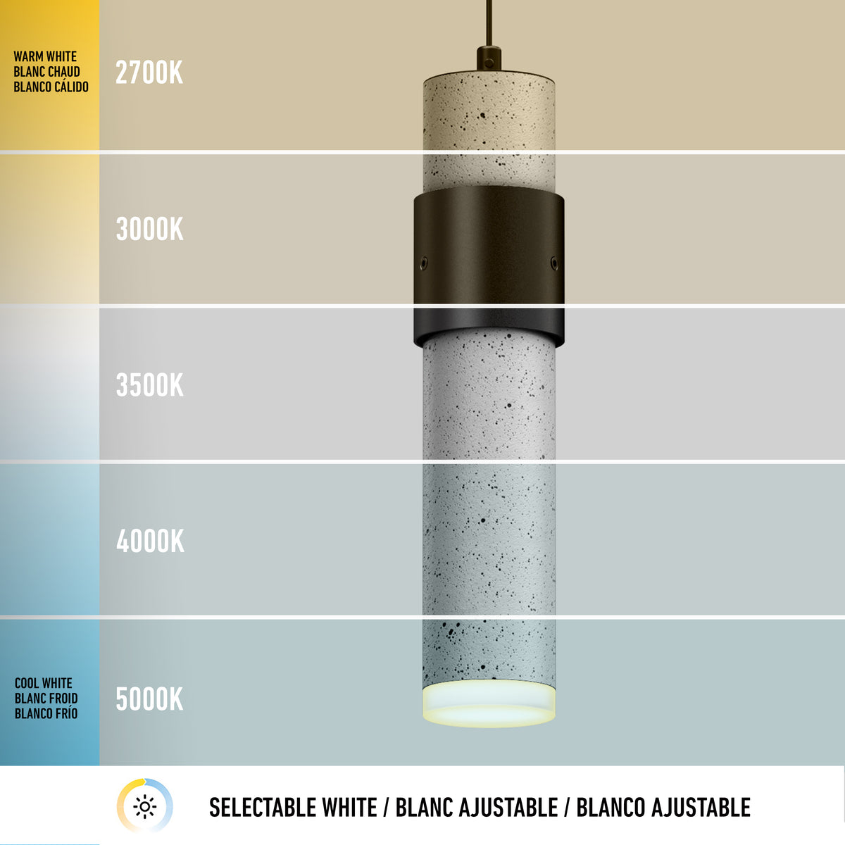 A cylindrical pendant light with selectable white color temperatures, shown in gradients from warm 2700K at the top to cool 5000K at the bottom. Text highlights adjustable brightness from warm to cool white.
