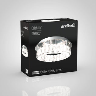 A black box branded Artika displays the Celebrity LED flush mount light with a photo of the circular crystal fixture, plus product specs and icons on the front and sides.
