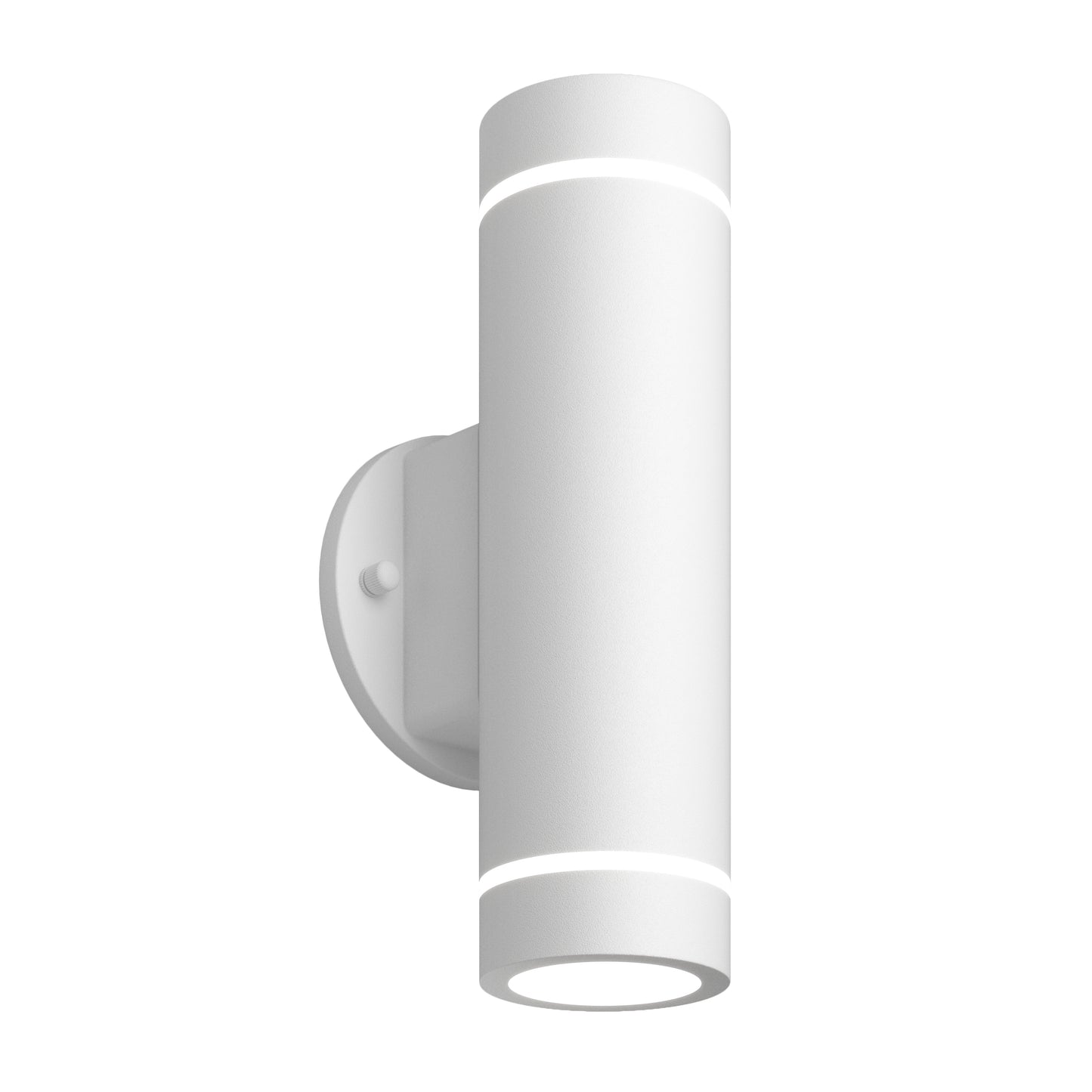 The Artika C7 indoor-outdoor LED wall light 3 CCT is a modern cylindrical white sconce with clean, minimalist lines, a smooth matte finish, and emits light from both the top and bottom when mounted on its round base.
