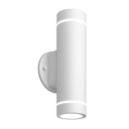 The Artika C7 indoor-outdoor LED wall light 3 CCT is a modern cylindrical white sconce with clean, minimalist lines, a smooth matte finish, and emits light from both the top and bottom when mounted on its round base.