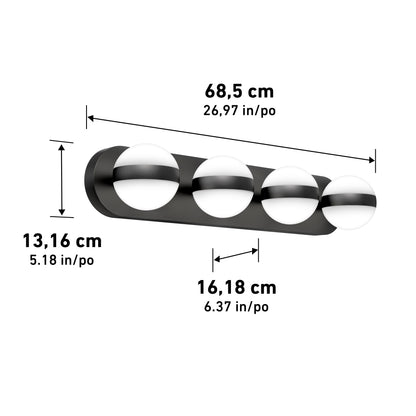 The Artika Baldric LED modern bathroom vanity light features four round frosted bulbs on a black base. It measures 68.5 cm wide, 13.16 cm high, and 16.18 cm deep, with dimensions also provided in inches.