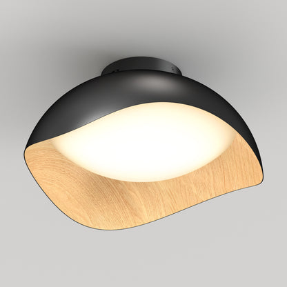 The Artika Adara 15 in. LED flush mount light features a black outer shell, curved wood accent, and diffused white center, offering modern style and five selectable color temperatures for white ceilings.