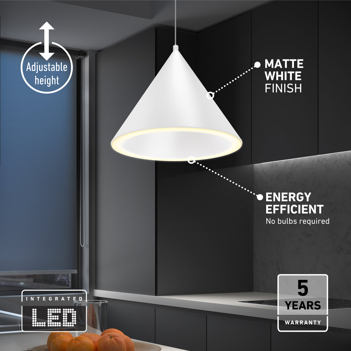 Artika Denali modern LED pendant with 3 CCT, matte finish, energy-saving and 5-year warranty.