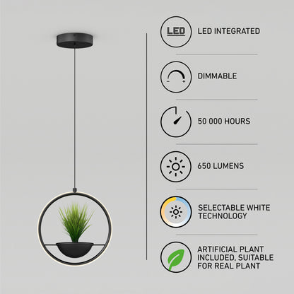 The Artika Colin LED modern planter pendant light 5 CCT features an integrated, dimmable LED with selectable white technology, 50,000-hour lifespan, 650 lumens output, and includes an artificial plant in the center.