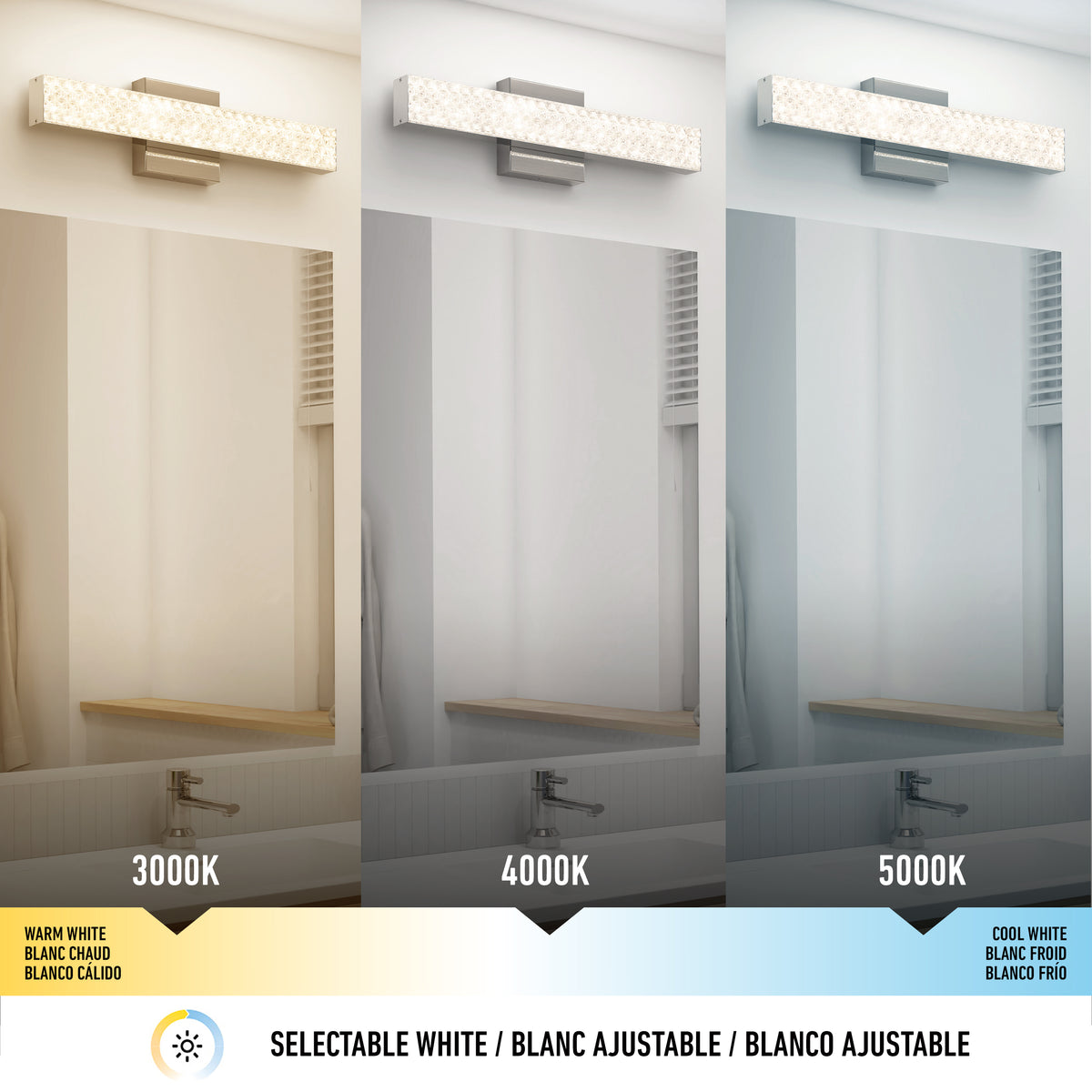 Three bathrooms lit by Artika's Adeline modern LED vanity light, featuring 3 adjustable CCT: warm, neutral & cool white.