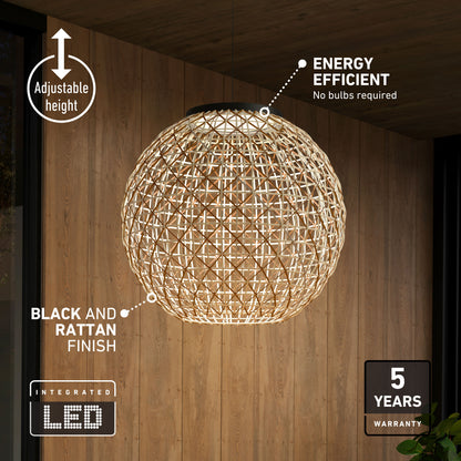 Artika Benson LED pendant light 5 CCT, dimmable, rattan shade, black accents, height adjustable, 5-yr warranty against wood panel wall.