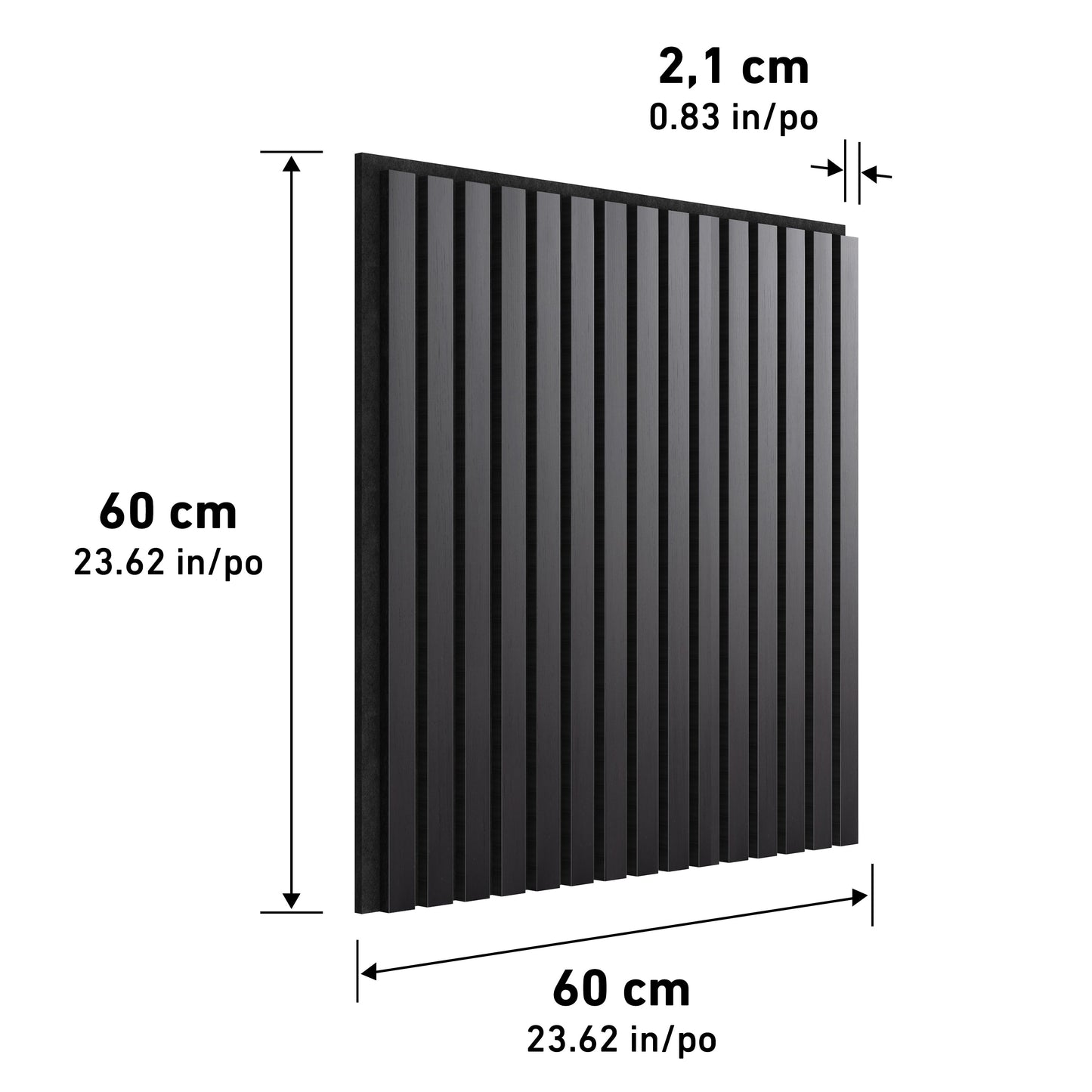 The Sonolok 15.5 ft sound-absorbing wall panel kit by Artika-CAN-dev features black, rectangular panels with vertical grooves, each panel measuring 60x60 cm (2.1 cm thick) and labeled dimensions on every side.