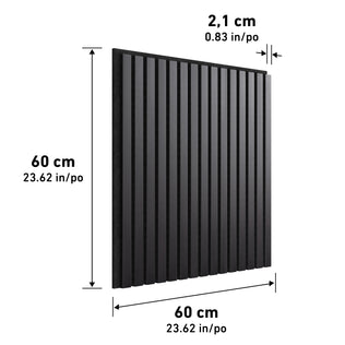 The Artika Sonolok 15.5 ft sound-absorbing wall panel kit features black slatted panels measuring 60 cm x 60 cm (2.1 cm thick). Panels are shown angled, with measurement arrows for reference.