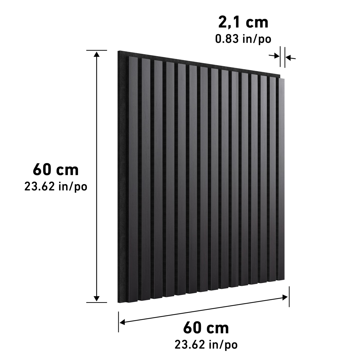 The Artika Sonolok 15.5 ft sound-absorbing wall panel kit features black rectangular panels with vertical grooves, each measuring 60 x 60 cm (23.62 x 23.62 in) and 2.1 cm (0.83 in) thick, with dimensions shown around the panel.