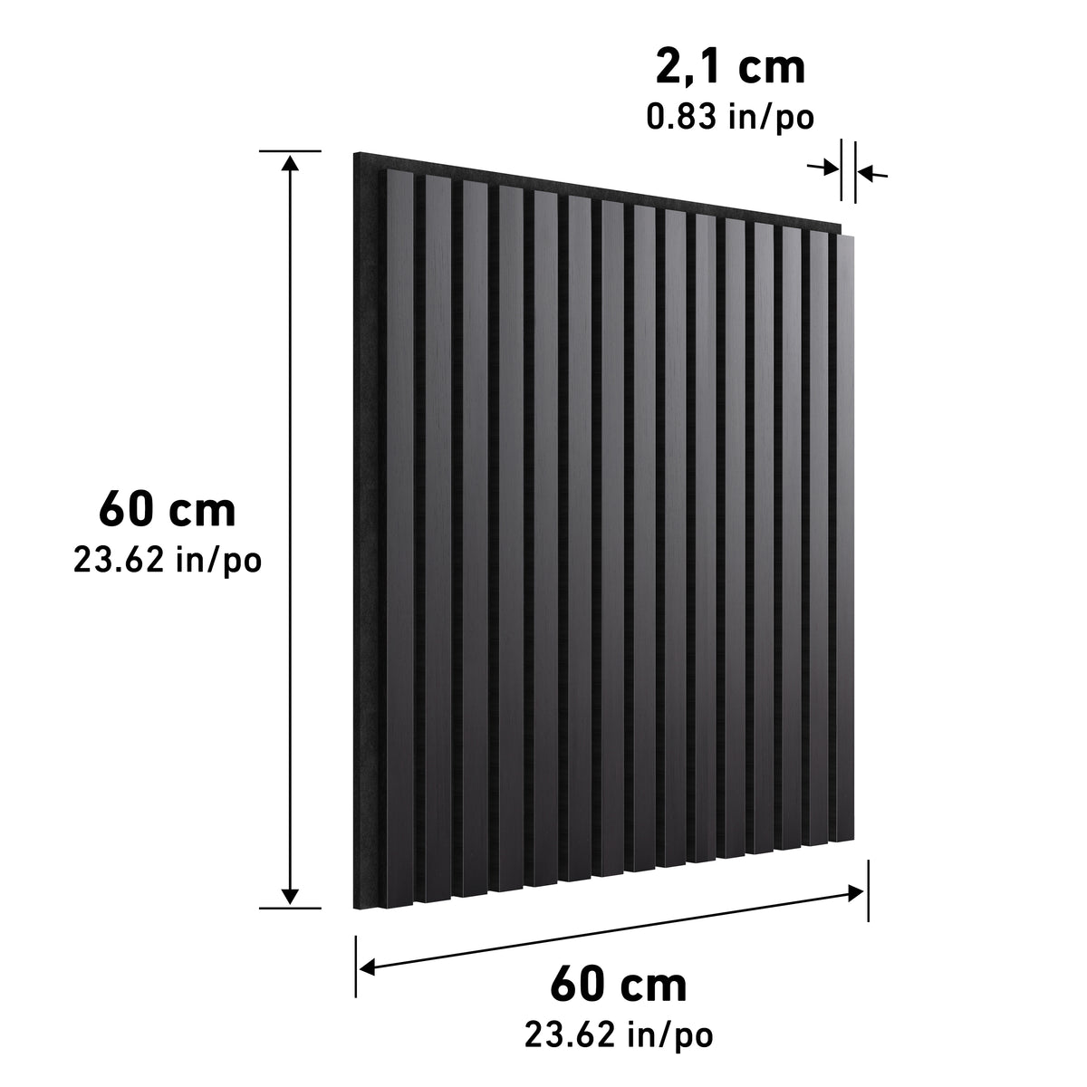 A black rectangular panel with vertical grooves. Dimensions are labeled: 60 cm (23.62 in) height, 60 cm (23.62 in) width, and 2.1 cm (0.83 in) thickness.