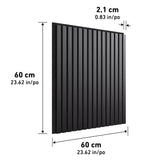 A black rectangular panel with vertical grooves. Dimensions are labeled: 60 cm (23.62 in) height, 60 cm (23.62 in) width, and 2.1 cm (0.83 in) thickness.