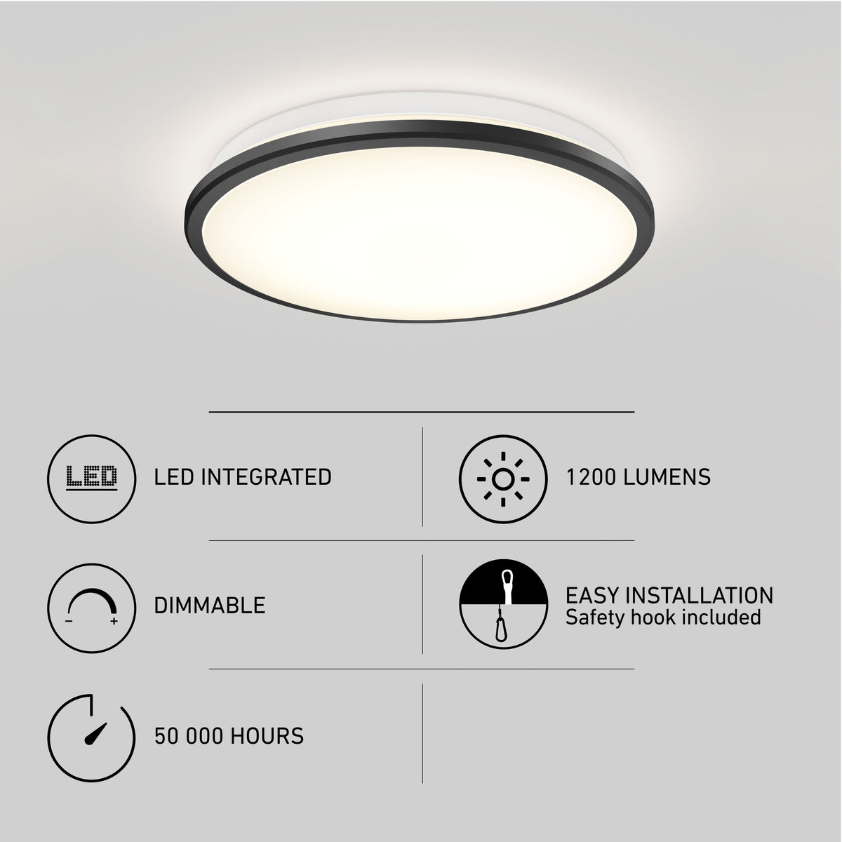 Round LED ceiling light glowing on a white ceiling. Below are icons and text: LED Integrated, 1200 Lumens, Dimmable, 50,000 Hours, and Easy Installation, Safety hook included.
