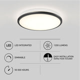 Round LED ceiling light glowing on a white ceiling. Below are icons and text: LED Integrated, 1200 Lumens, Dimmable, 50,000 Hours, and Easy Installation, Safety hook included.