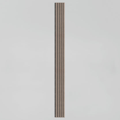 The Artika Sonolok sound-absorbing wall panel kit features a tall, narrow rectangular wooden panel with evenly spaced vertical black grooves, displayed against a plain light grey background.